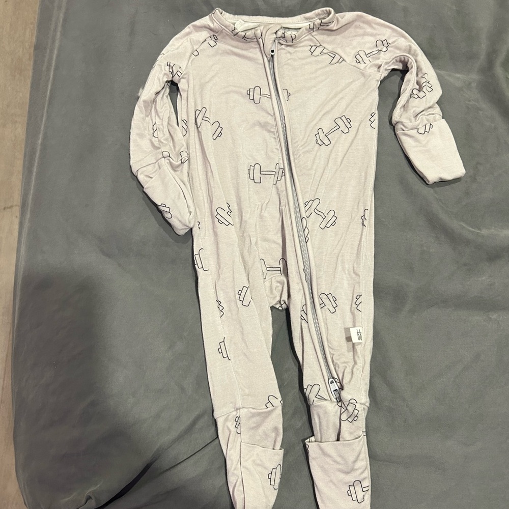 Forever French Soft grey Baby Footed One-Piece with Dumbbell Print